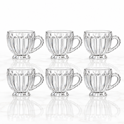 Set of 6 ribbed glass tea cups with handles on white marble