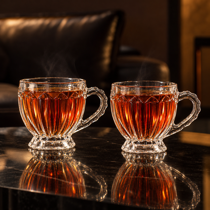 Two glass tea cups with hot tea in a living room