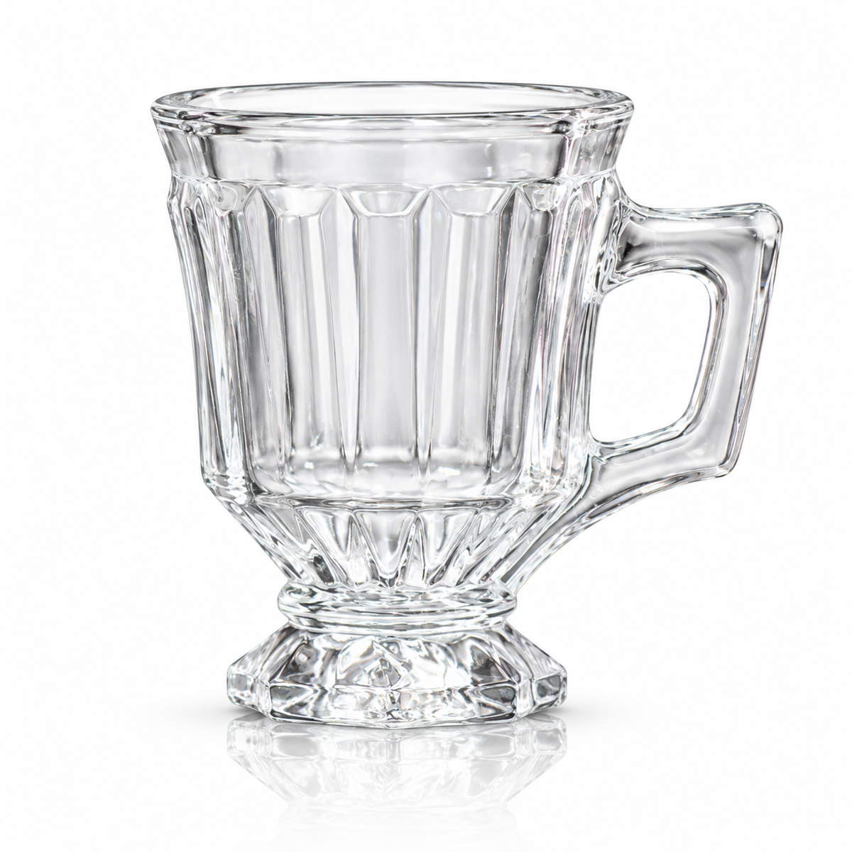 Set of 6 paneled pedestal glass tea cups on white marble