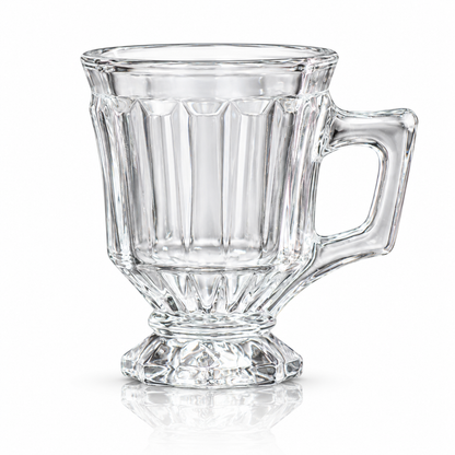 Set of 6 paneled pedestal glass tea cups on white marble