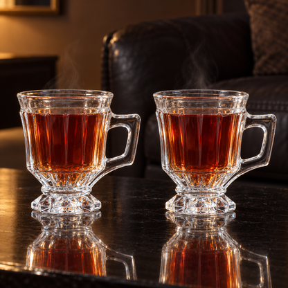 Two pedestal glass tea cups with hot tea in a living room
