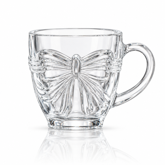 Set of 6 ribbon-bow glass tea cups with handles on white marble