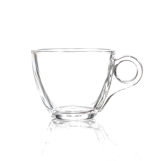 Set of 6 clear glass tea cups with ring handles on white marble