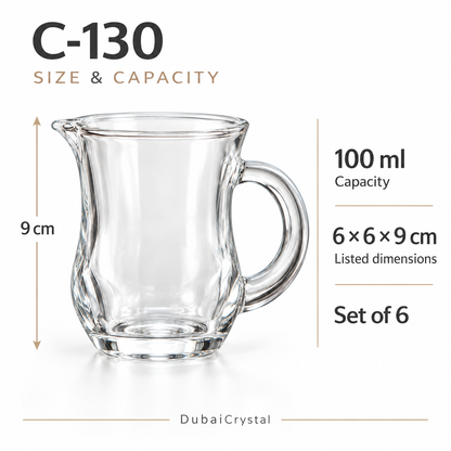 C-130 dimensions: 9 cm height, 100 ml capacity, listed size 6 by 6 by 9 cm, set of six
