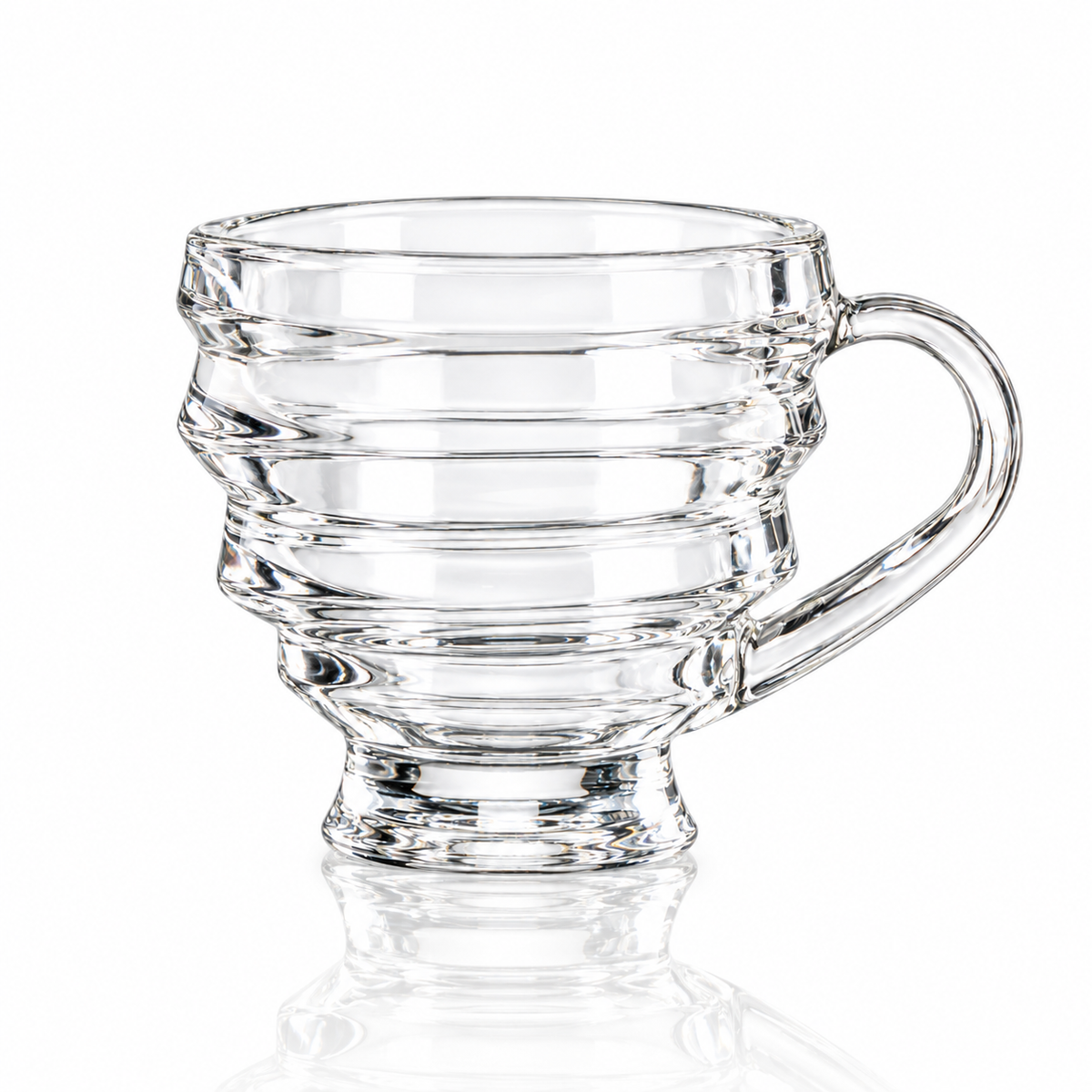 Set of 6 wave-ring glass tea cups with handles on white marble