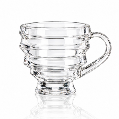 Set of 6 wave-ring glass tea cups with handles on white marble