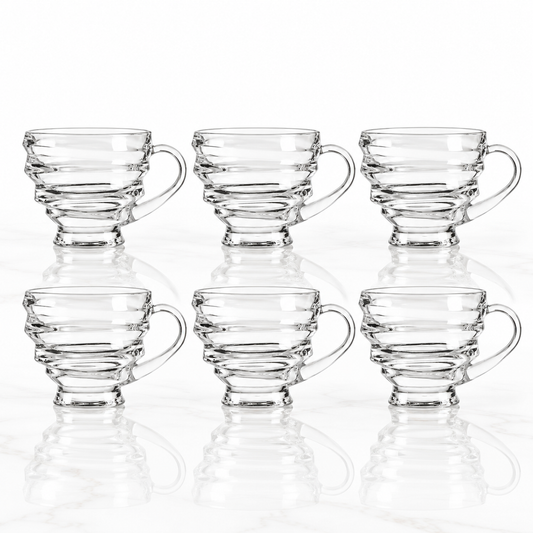 Set of 6 wave-ring glass tea cups with handles on white marble