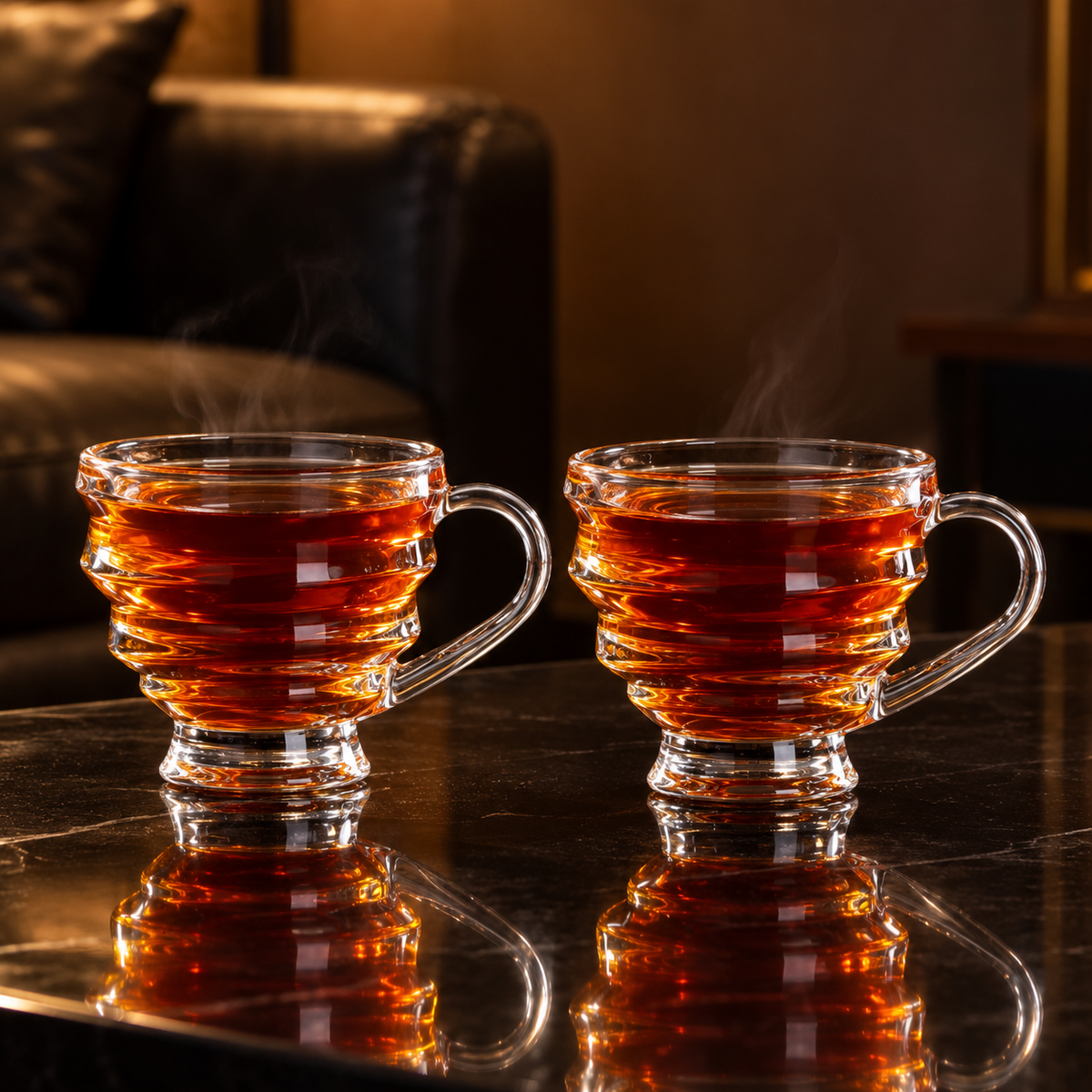 Two glass tea cups with hot tea in a living room