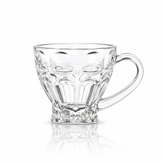 Set of 6 fluted glass tea cups with handles on white marble