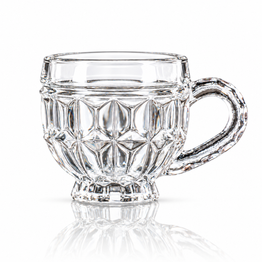 Set of 6 diamond-lattice glass tea cups with handles on white marble