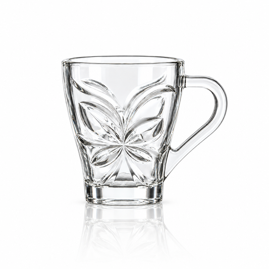 Set of 6 butterfly glass tea cups with handles on white marble