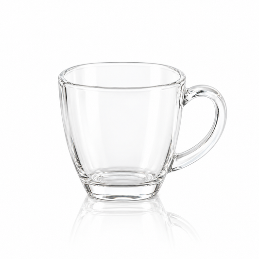 Set of 6 clear square glass tea cups on white marble