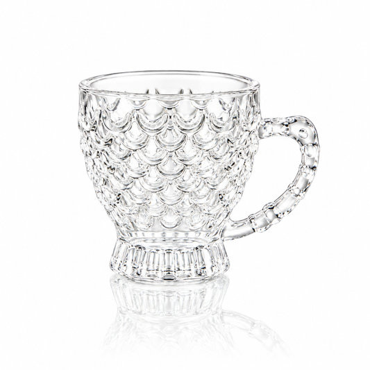 Set of 6 fish-scale glass tea cups with handles on white marble