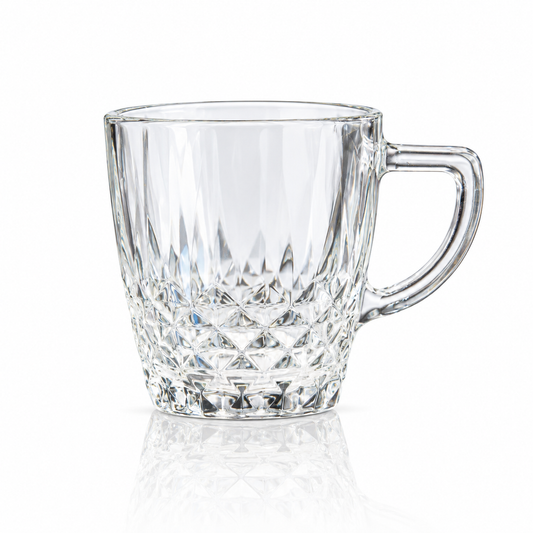 Diamond-cut glass tea mugs with handle, set of 6