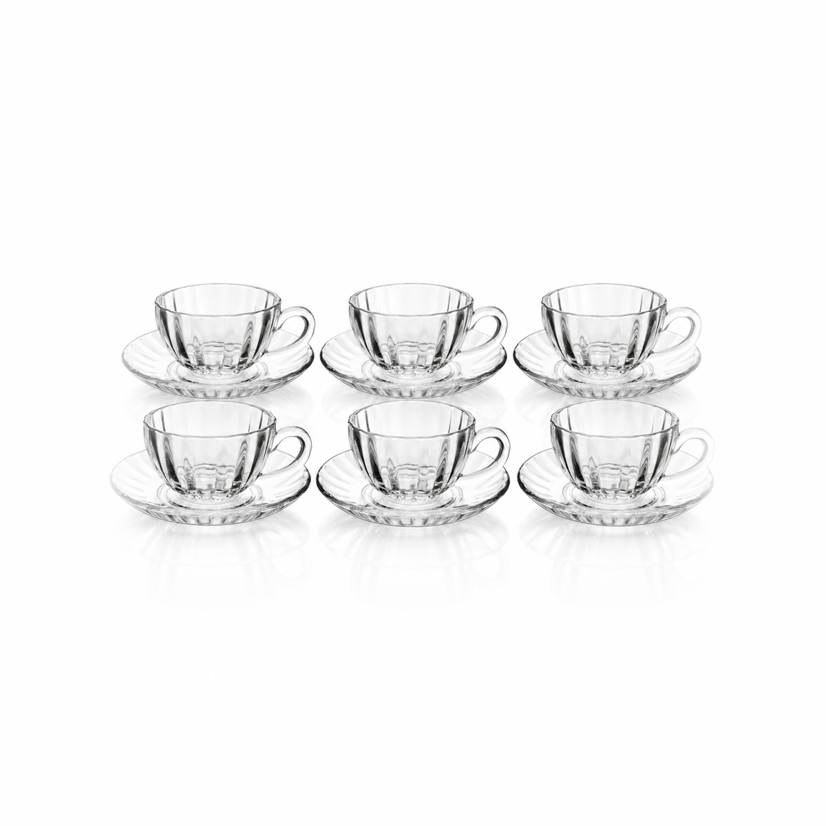 C-201 set of 6 glass tea cups and saucers on white