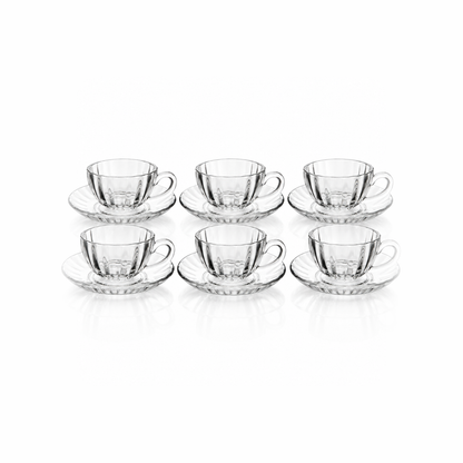C-201 set of 6 glass tea cups and saucers on white