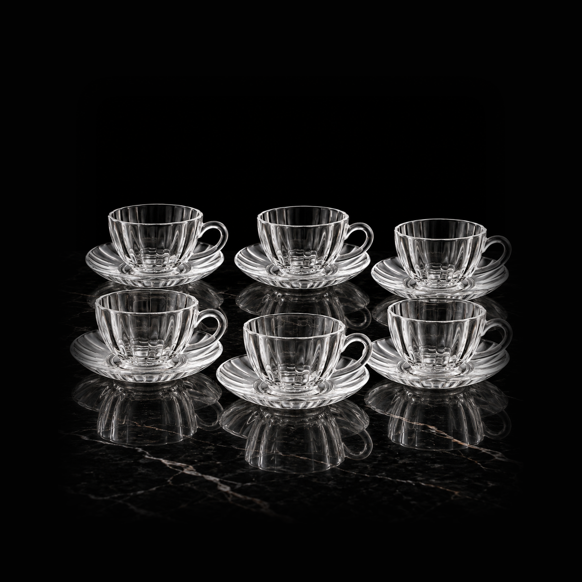 C-201 set of 6 tea cups and saucers on black marble