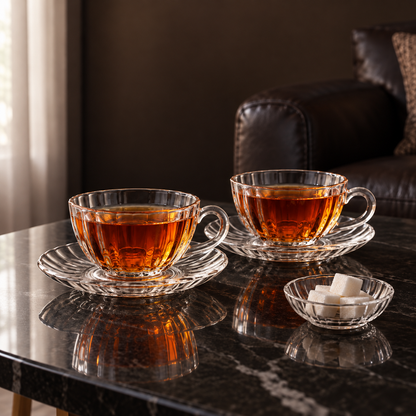 C-201 glass tea cups with black tea in a living room
