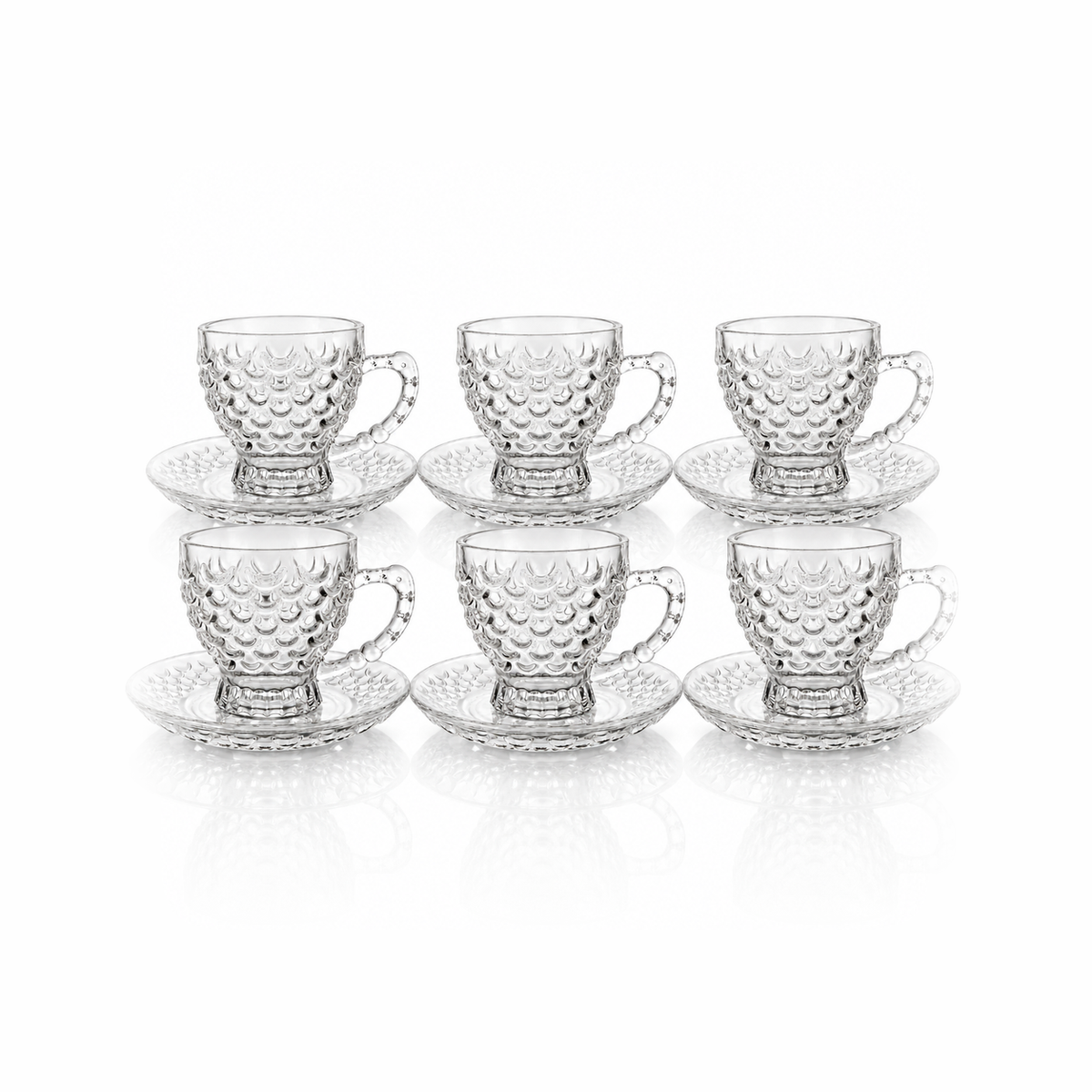 Set of 6 fish scale glass tea cups and saucers