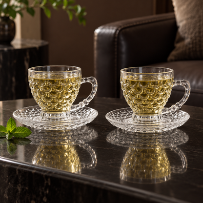 Two glass tea cups with green tea in a living room