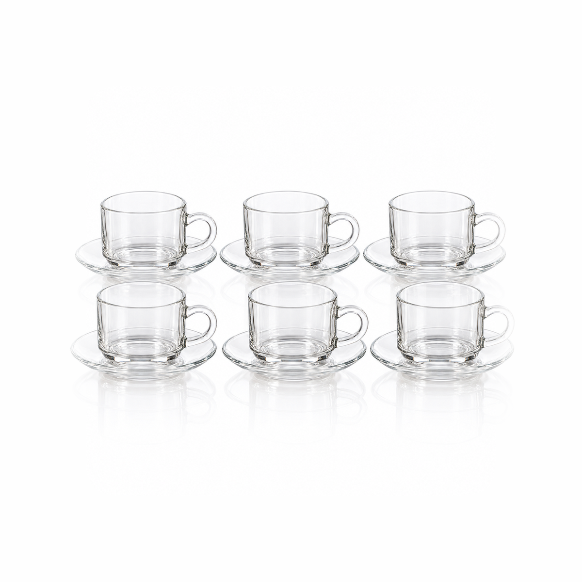 Set of 6 clear glass tea cups and saucers