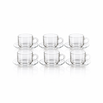Set of 6 clear glass tea cups and saucers