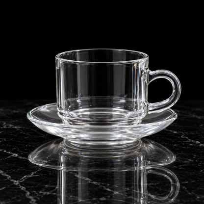 Clear glass tea cup and saucer on black marble