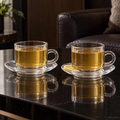 Two glass tea cups with green tea in a living room