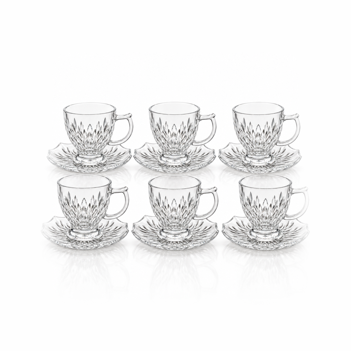Set of 6 leaf cut glass tea cups and saucers