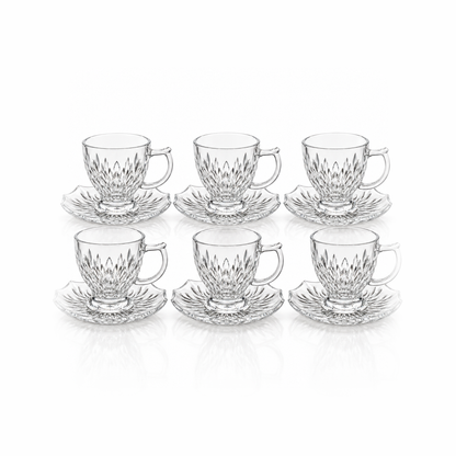 Set of 6 leaf cut glass tea cups and saucers