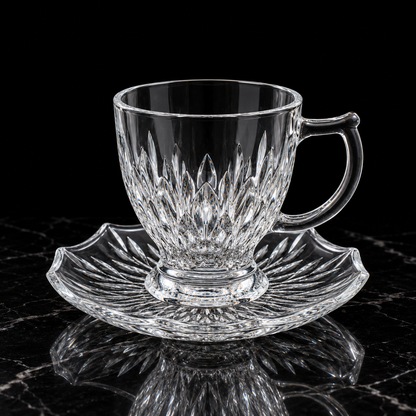 Leaf cut glass tea cup and saucer on black marble