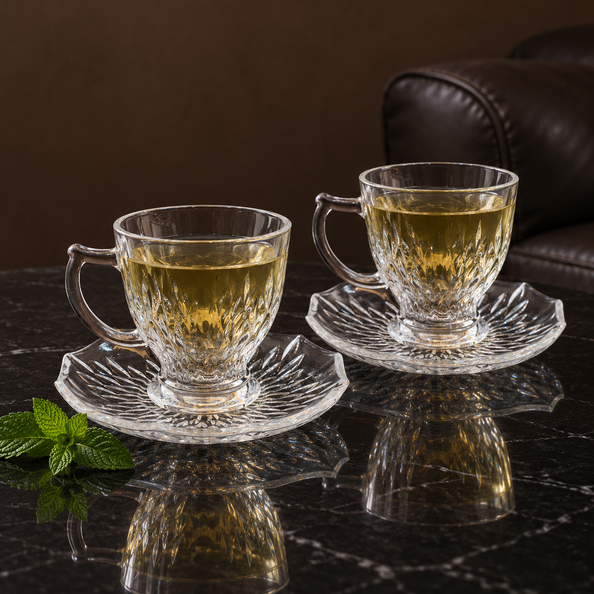 Two glass tea cups with green tea in a living room