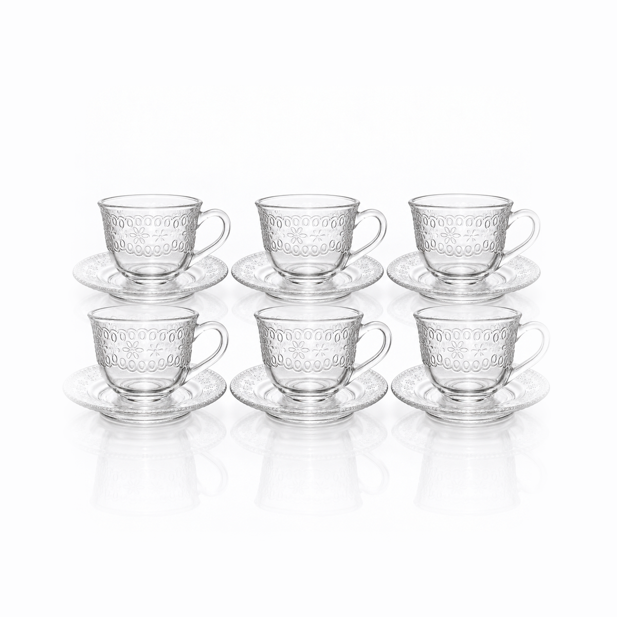 Set of 6 embossed floral glass tea cups and saucers
