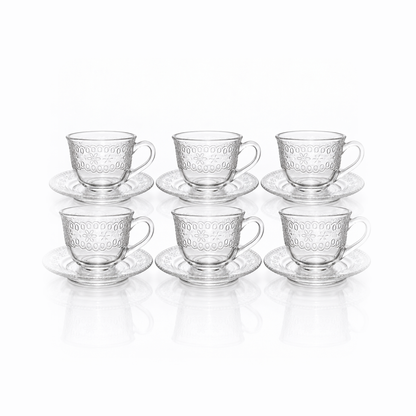 Set of 6 embossed floral glass tea cups and saucers