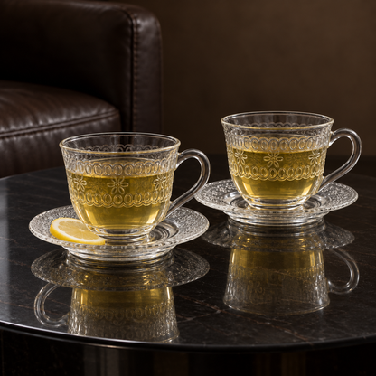 Two embossed glass tea cups with green tea in a living room