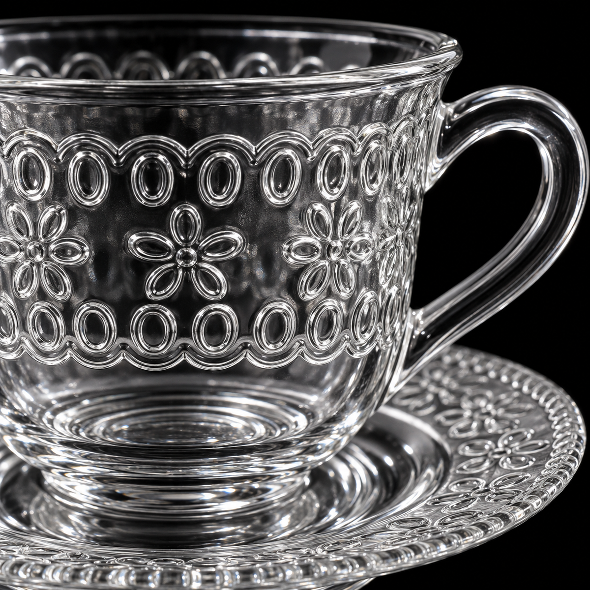 Close-up of embossed daisy and oval pattern