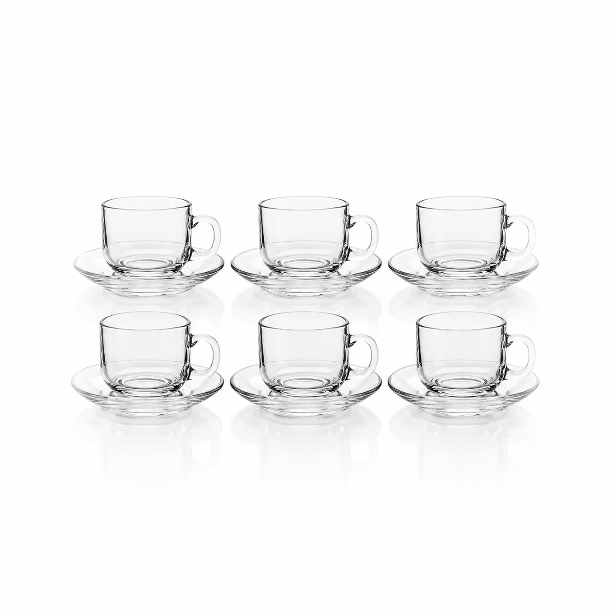 Set of 6 clear glass tea cups and saucers