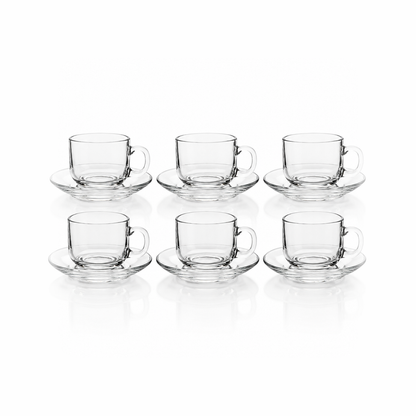 Set of 6 clear glass tea cups and saucers