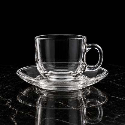 Clear glass tea cup and saucer on black marble