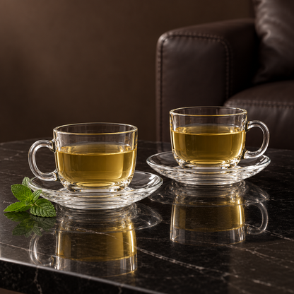 Two glass tea cups with green tea in a living room