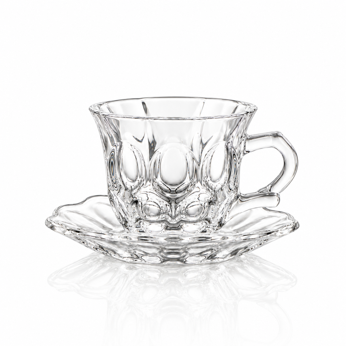 Oval bubble glass tea cup and saucer on white