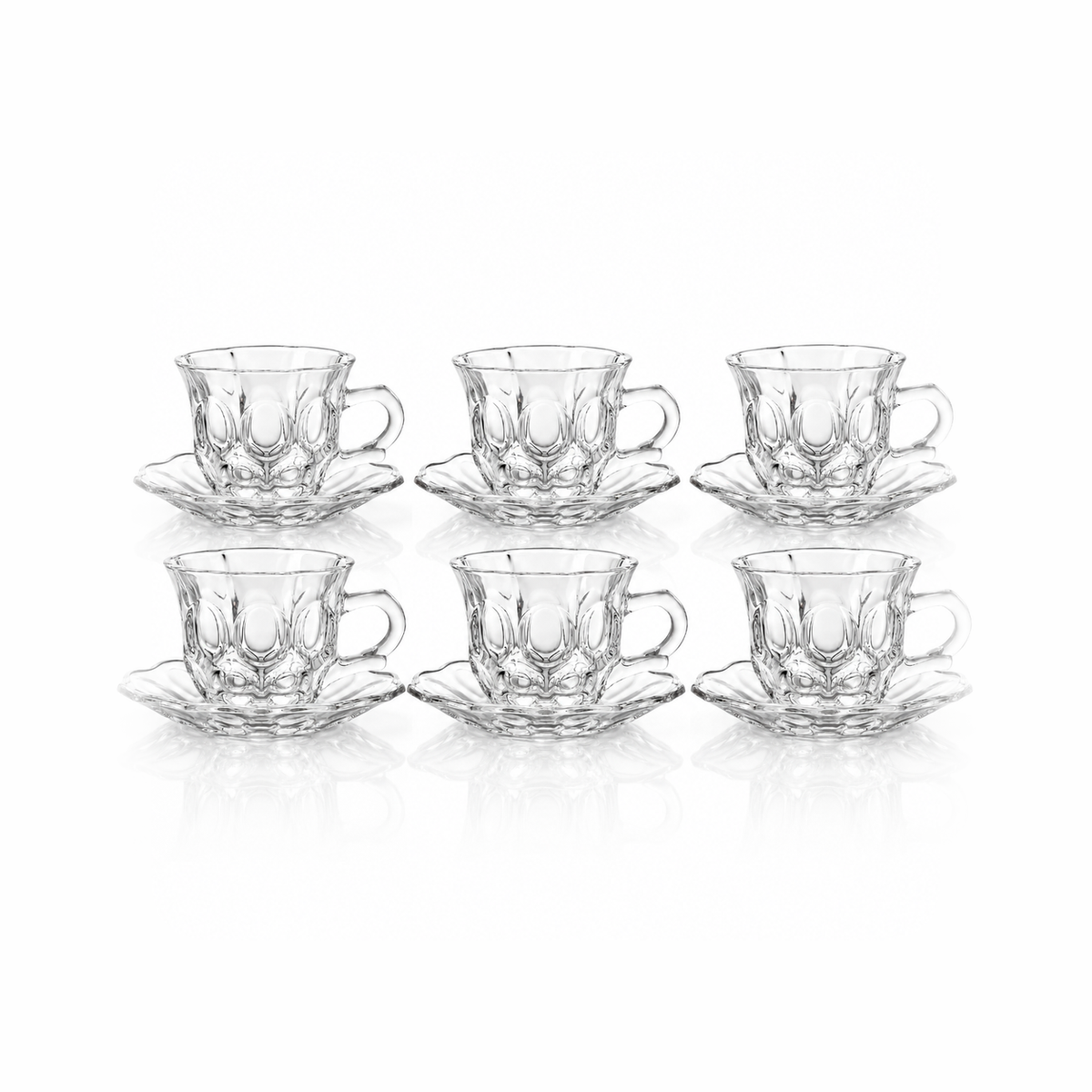 Set of 6 oval bubble glass tea cups and saucers