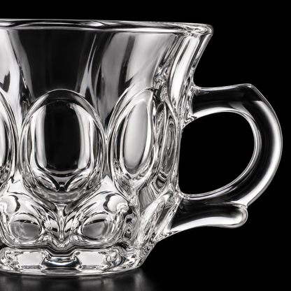 Close-up of oval bubble glass relief and handle