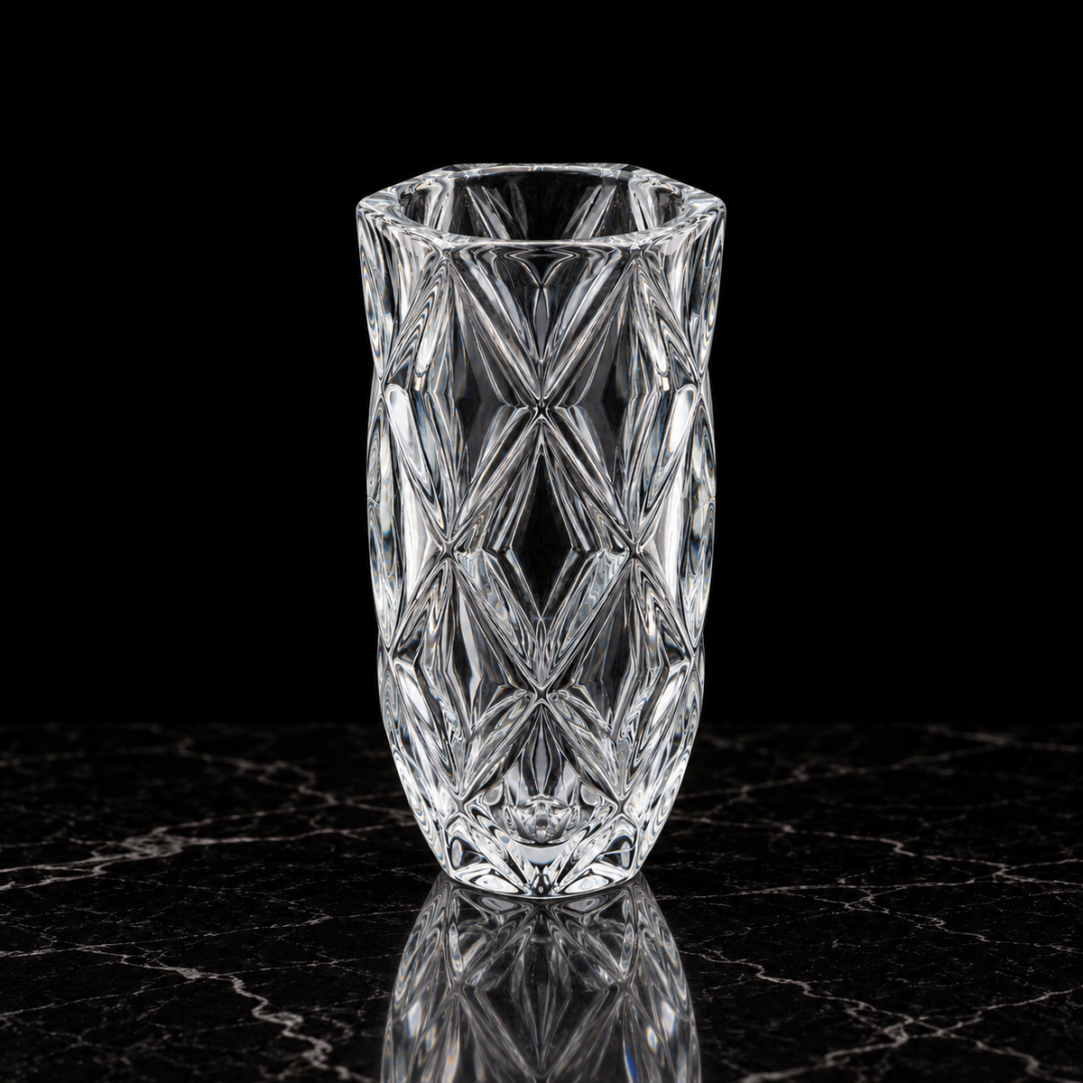 Crystal flower vase on black marble