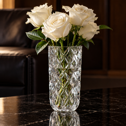 Crystal diamond-cut flower vase in a living room