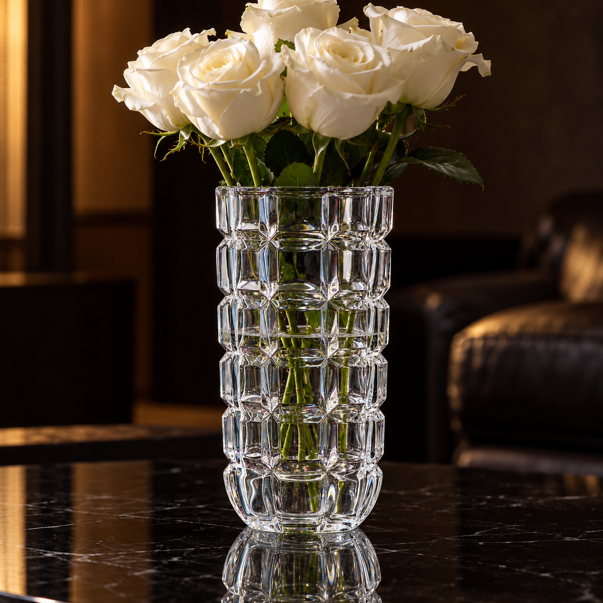 Crystal block-cut flower vase in a living room