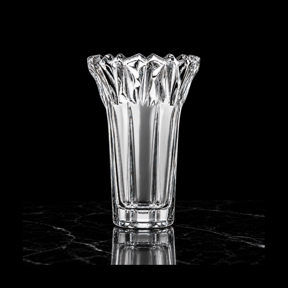 Crystal flower vase on black marble
