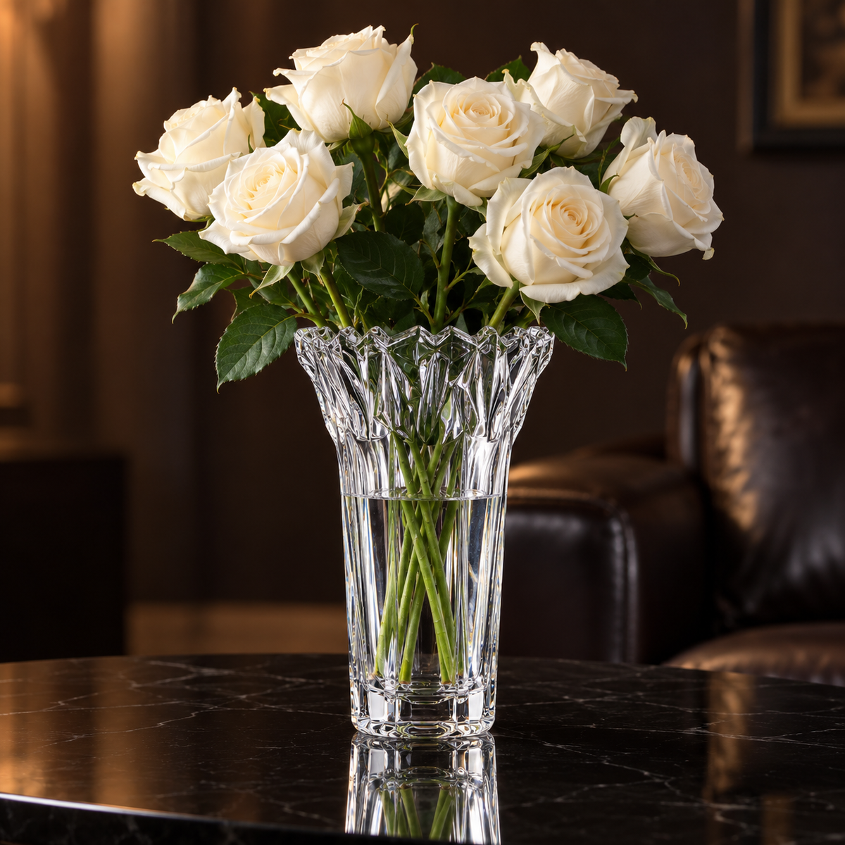 Crystal vase with white roses in a living room
