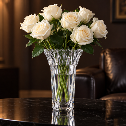 Crystal vase with white roses in a living room