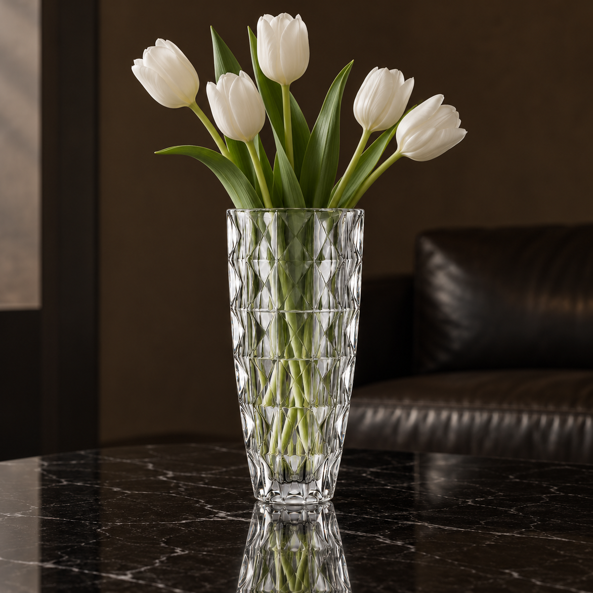 F-209 crystal vase with white tulips in a living room setting